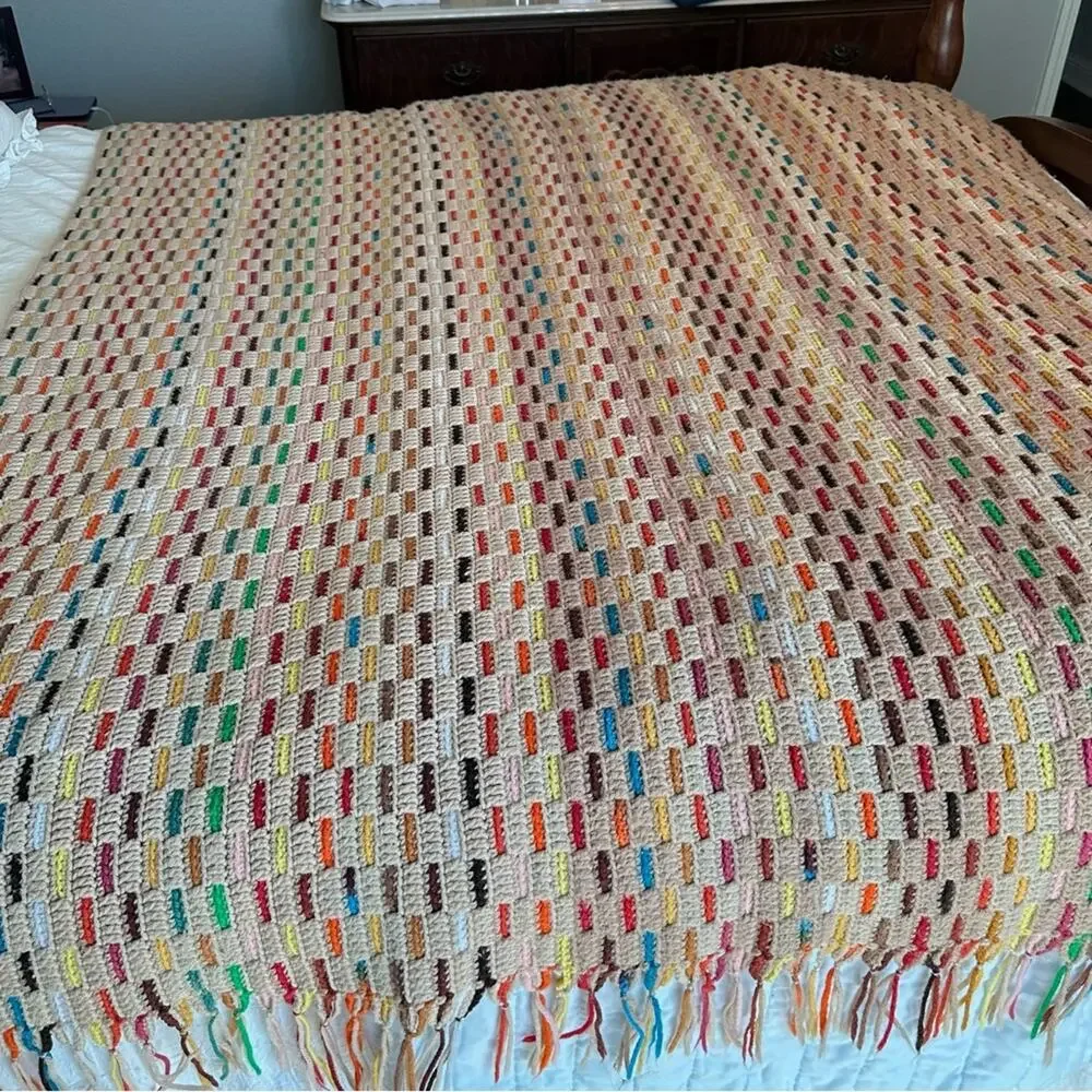 VTG Crochet Granny Throw Lap Blanket Multicolor Reversible Design 77 X 67